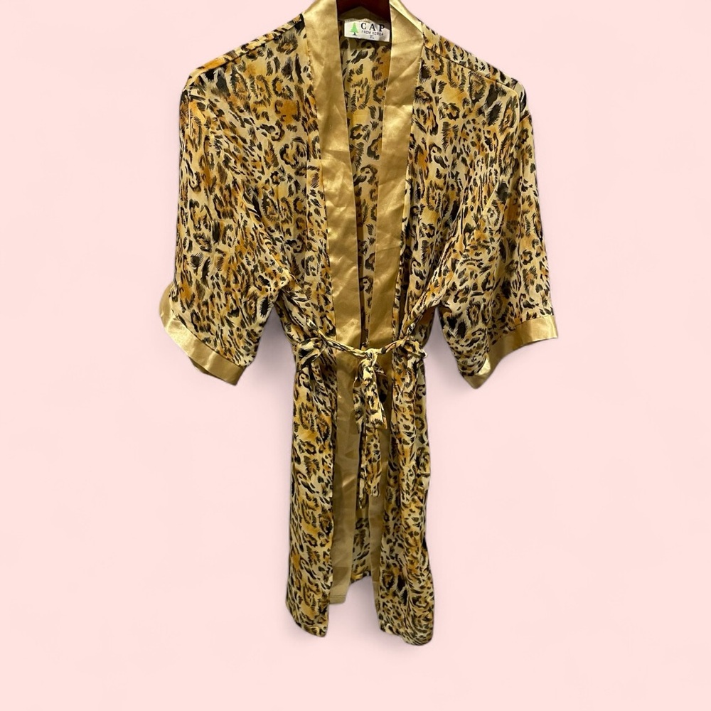 Vintage 80s-90s Korean sheer silky golden leopard robe kimono tie waist sexy